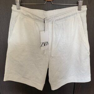 NWT ZARA Men's Size L Oyster White Neutral Drawstring Relaxed Bermuda Shorts